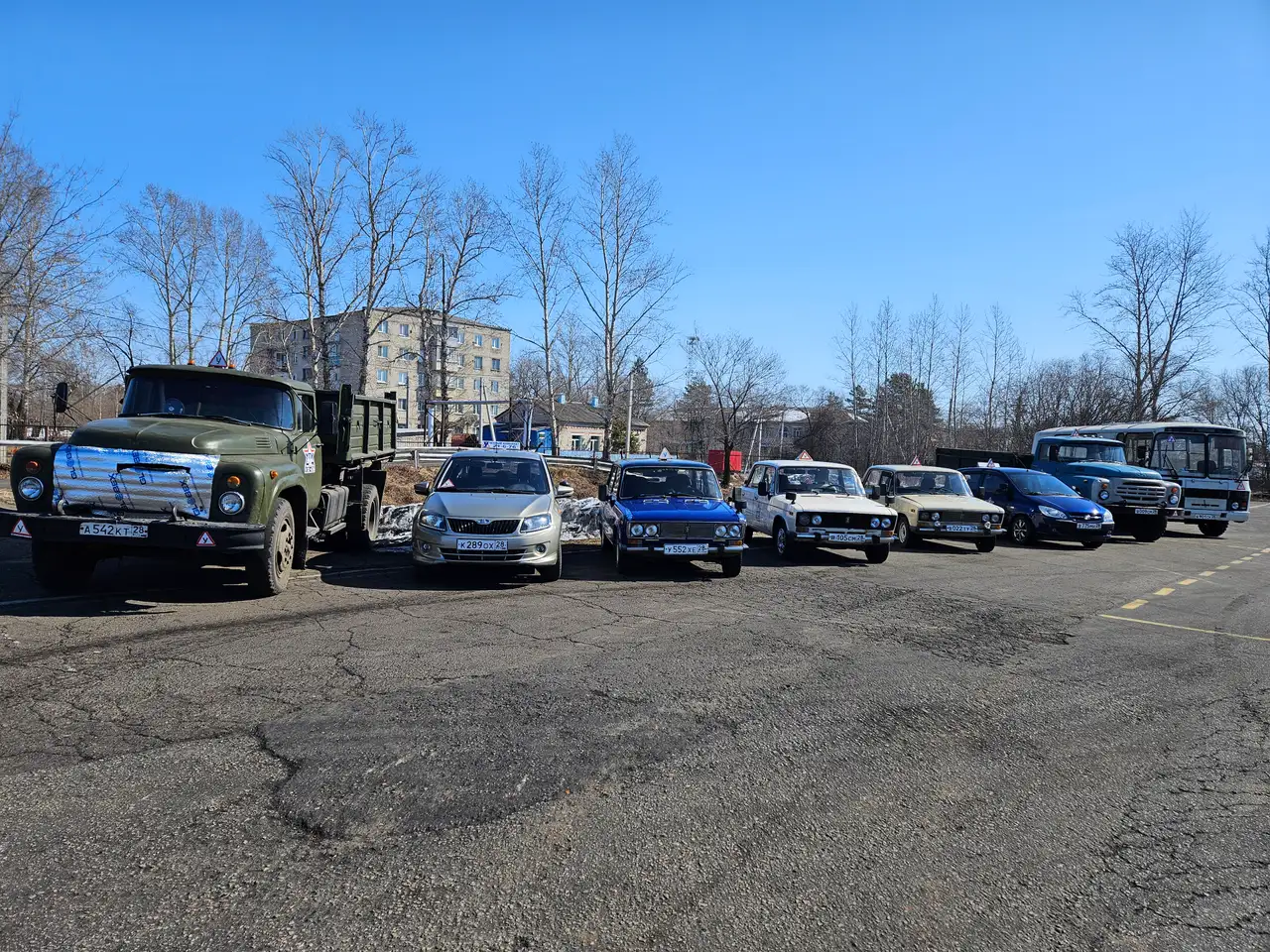 Учебные автомобили, грузовики ЗИЛ и автобус ПАЗ в ряд на асфальтовой площадке